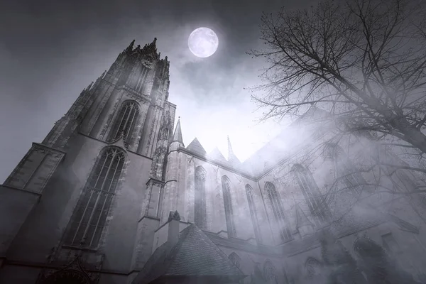 Iglesia Gótica Antigua Con Luz Luna Niebla Noche Frankfurt Alemania — Foto de Stock