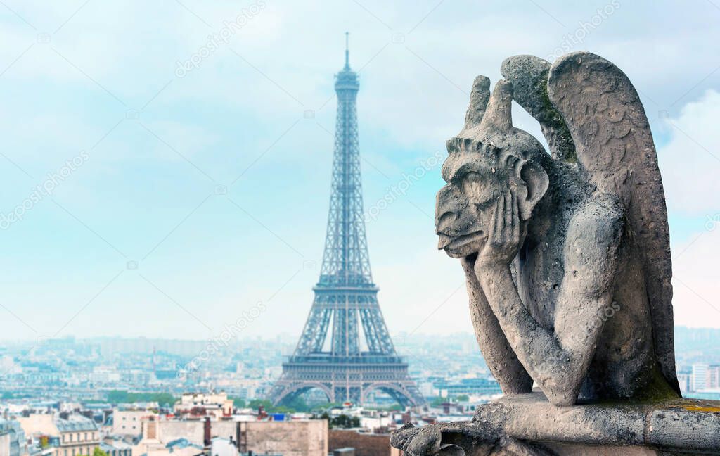 View of Paris with Eiffel Tower and Gargoyle or Chimera of Notre Dame Cathedral, high resolution Picture