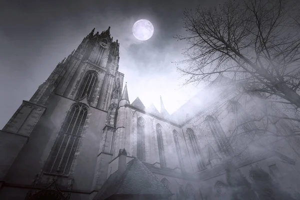 Frankfurt, Almanya 'da Ay Işıklı ve Sisli Gece Eski Gotik Kilisesi 