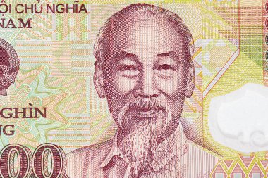 Vietnam banknotunda Ho Chi Minh 'in yakın plan portresi, Vietnam kağıt parası.