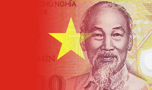 Detailní Portrét Chi Minh Národní Červená Vlajka Vietnamské Bankovky Vietnam — Stock fotografie