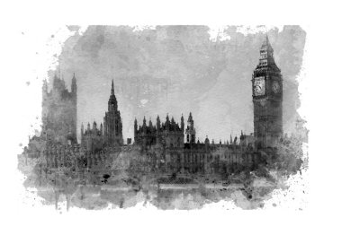 Big Ben ve Londra 'daki Westminster' da suluboya resmin taklidi.