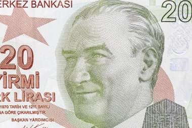 Cumhurbaşkanı Mustafa Kemal Atatürk, TL veya 20 Türk Lirası 'nın yakın plan portresi