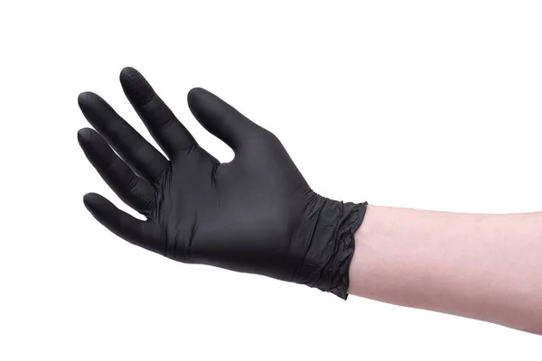 手拿着凉爽的标志 黑色手套与白色背景隔离 — 图库照片