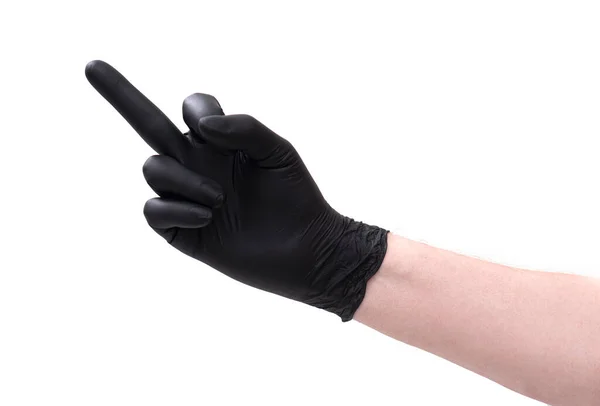 Nahaufnahme Handfläche Mit Finger Schwarzem Latex Handschuh Isoliert Auf Weißem — Stockfoto