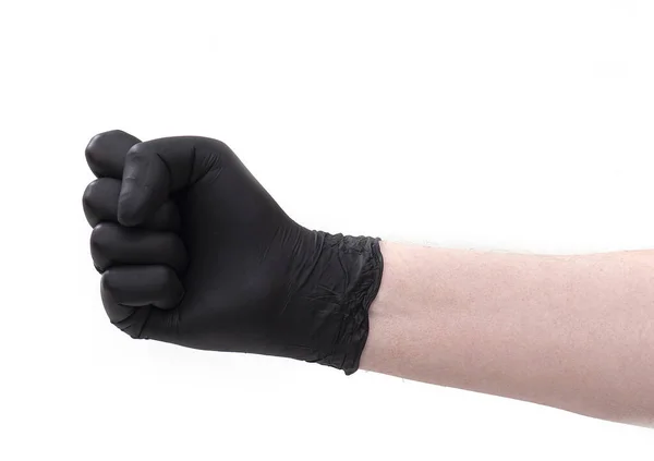 Γροθιά Χέρι Μαύρο Λατέξ Γάντια Που Απομονώνονται Λευκό Φόντο — Φωτογραφία Αρχείου