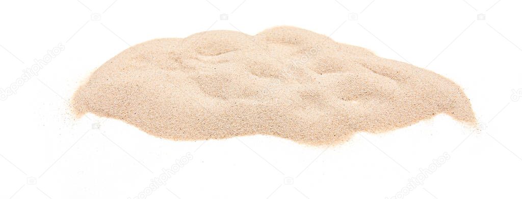 Natural pile of sand from beach, soft brown heap of dry beach sand isolated on white background