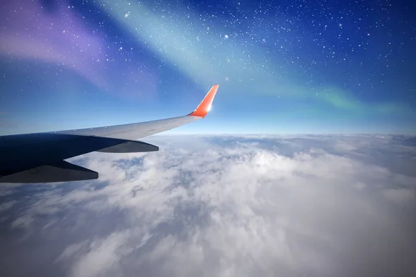Avión Sobre Norte Aurora Auroras Boreales Desde Ventana Del Avión — Foto de Stock