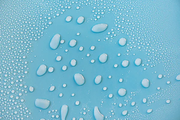 Κοντινές Σταγόνες Νερού Μπλε Επιφάνεια Σταγόνες Βροχής Φόντο Υφή — Φωτογραφία Αρχείου