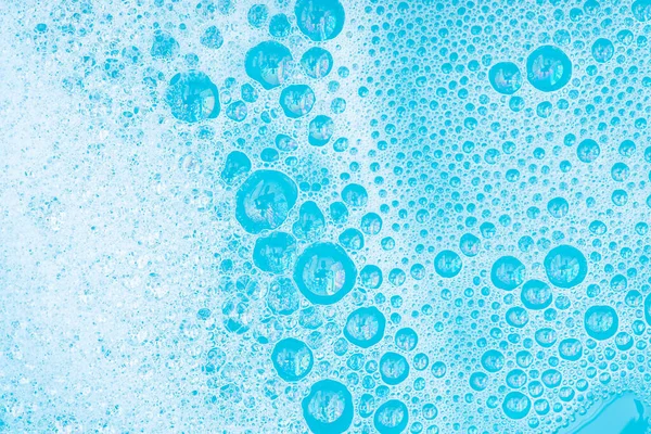 Close White Foam Bubbles Surface Water Washing Powder Soap Blue — Stock Photo, Image