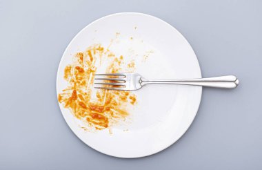 Beyaz tabak ve çatalın üst görüntüsü, gri arka planda yiyecek kalıntıları olan kirli tabak, konsept resim. 