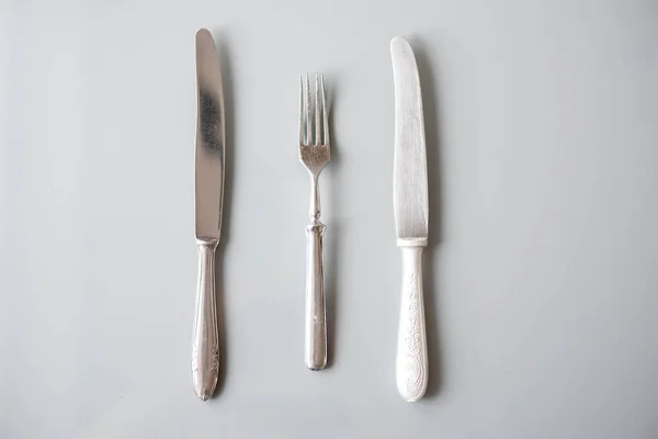 Silverware Old Used Silver Knifes Fork Gray Surface Tip View — Stock Photo, Image