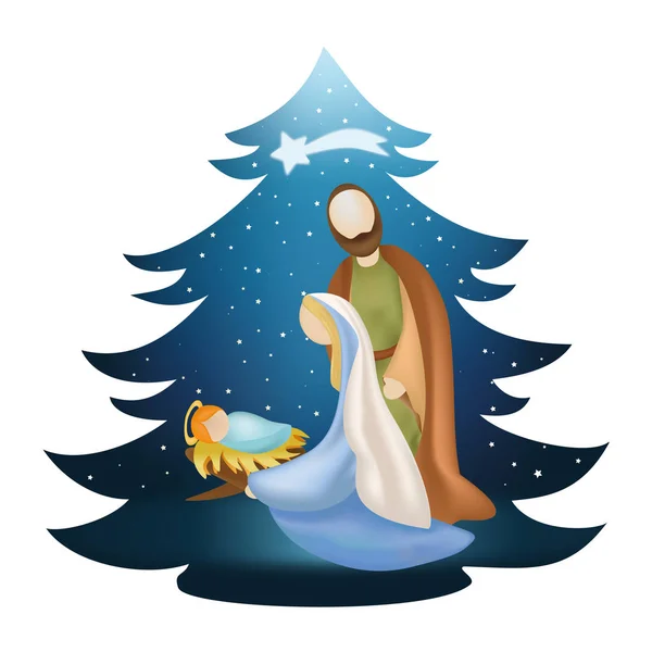 파란색 배경에 거룩한 가족과 함께 크리스마스 트리 성 탄 장면 — 스톡 벡터