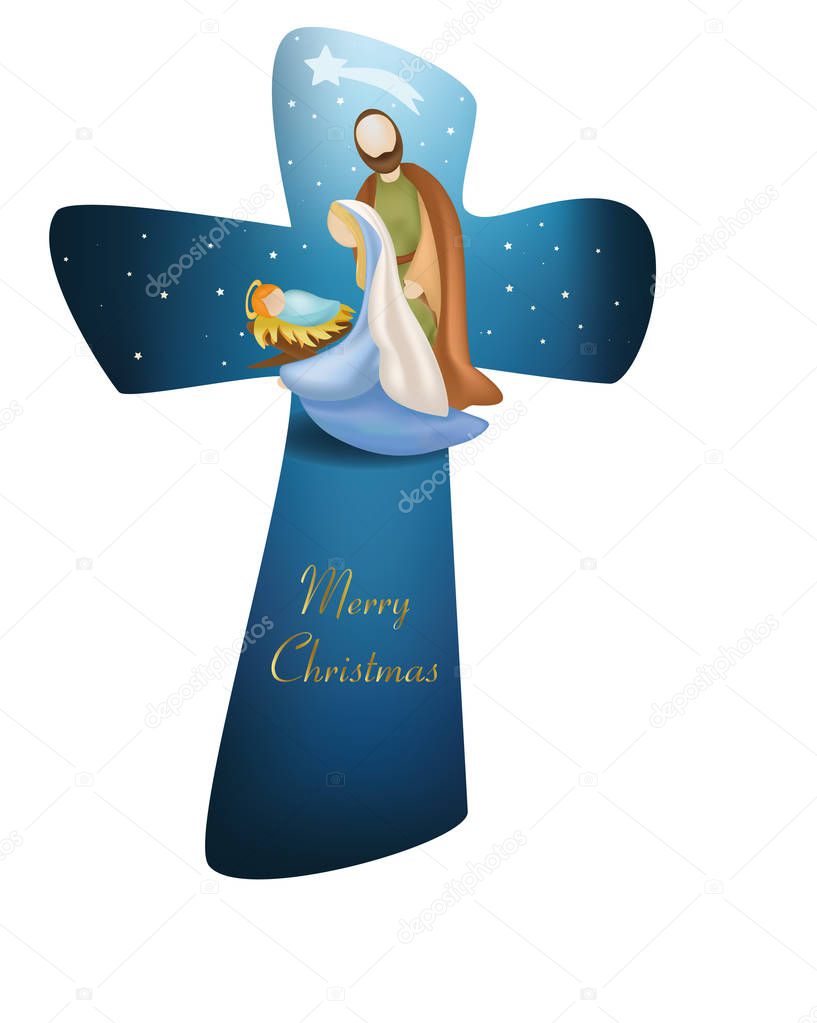 Cross christmas nativity scene with holy family on blue background