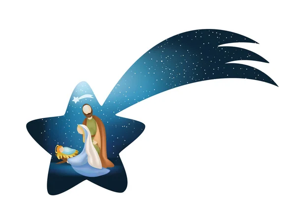 Estrella de Navidad - belén de cometa con sagrada familia sobre fondo azul — Vector de stock