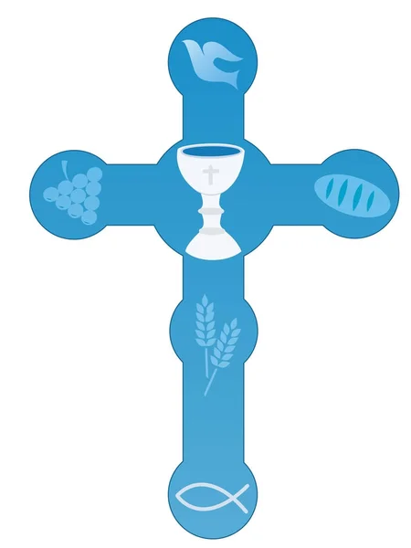 Christian Krzyż Różnych Symboli Niebieskim Tle — Wektor stockowy
