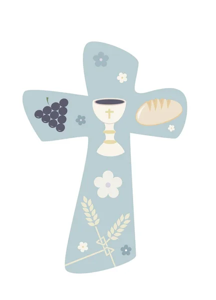 Christliches Kreuz Mit Kelch Traubenbrot Und Weizenähre Religiöses Zeichen Pastellblauer — Stockvektor
