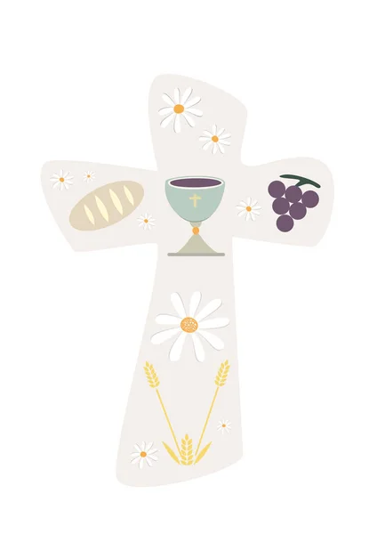 Cruz Cristiana Con Uvas Cáliz Pan Espiga Trigo Signo Religioso — Vector de stock