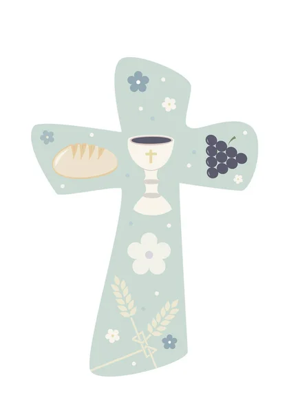 基督徒十字架与圣杯葡萄面包和麦子耳朵 宗教标志 柔和绿色背景 — 图库矢量图片