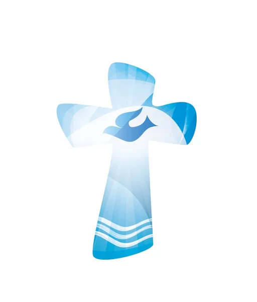 基督徒十字架洗礼以波浪水和鸽子在蓝色背景 宗教标志 多次曝光 — 图库矢量图片