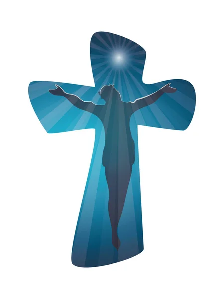 Kristna Kors Med Korsfäste Jesus Blå Bakgrund Krucifix Shiloutte Jesus — Stock vektor