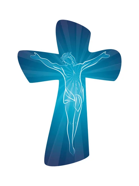 ラインアートとキリスト教の十字架十字架につけられたイエス青の背景に多重露光 十字架 はりつけ 宗教記号 — ストックベクタ