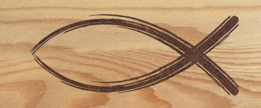 Hıristiyan balığı web başlığı Wood sembolü. Dini işareti