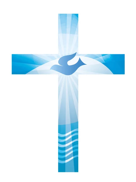 Bautismo Cruz Cristiana Con Paloma Olas Agua Sobre Fondo Azul — Vector de stock