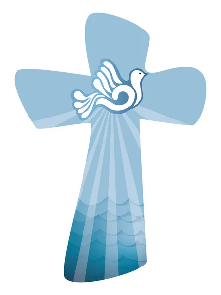 Botezul Crucii Creştine Simbolul Spiritului Sfânt Porumbel Raze — Vector de stoc