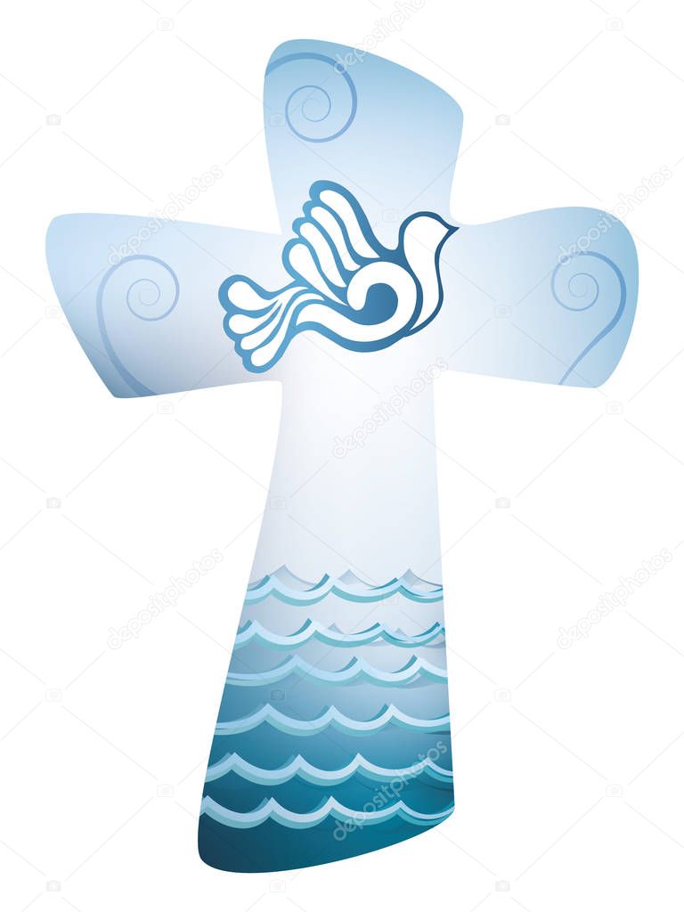 Christian cross baptism. Holy spirit symbol with dove and sea