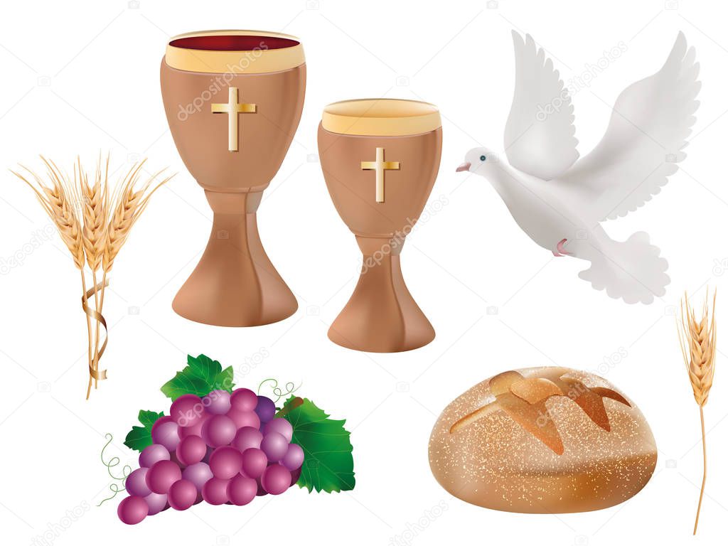 3d illustration realistic isolated christian symbols: wood chalice with wine, dove, grapes, bread, ear of wheat