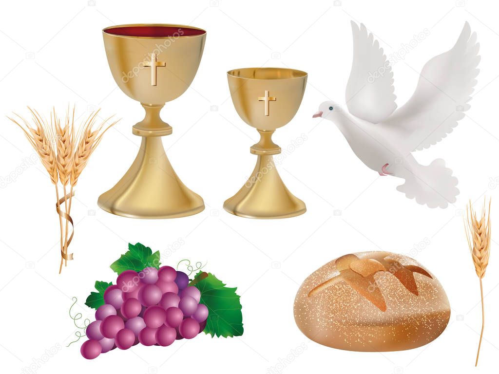 3d illustration realistic isolated christian symbols: golden chalice with wine, dove, grapes, bread, ear of wheat