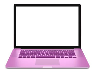 Boş ekran beyaz arka plan üzerinde pembe alüminyum gövde izole sahip dizüstü bilgisayarı. Tüm odak. Detaylı, yüksek çözünürlüklü görüntü.