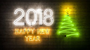 Mutlu yeni yıl 2018. Neon ışıkları Noel ağacı bir yıldız şekillerle.