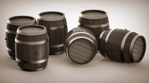 Wooden barrels, collection of standing beer, wine and rum wooden barrels.