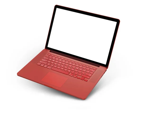 Laptop met leeg scherm geïsoleerd op een witte achtergrond, rode aluminium behuizing. Geheel in beeld. Hoog gedetailleerde, resolutiebeeld. — Stockfoto