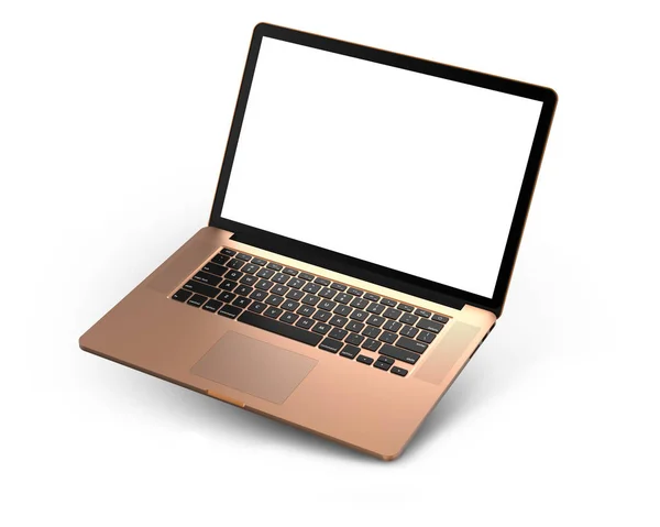 Laptop med blank skärm isolerad på vit bakgrund, guld aluminium kropp. Helheten i fokus. Hög detaljerad, upplösning. — Stockfoto