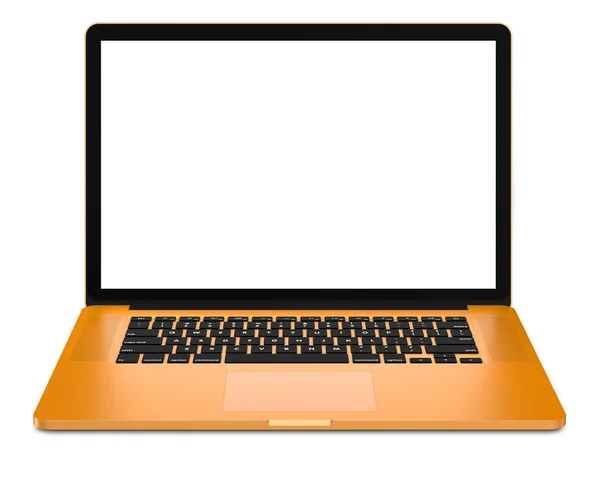 Laptop with blank screen isolated on white background, orange aluminium body. Whole in focus. High detailed, resolution image. — Stock Photo, Image