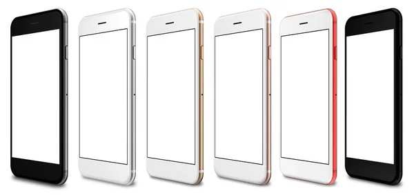 Smartphones κόκκινο, χρυσό, ροζ, ασημί, μαύρο και μαύρο γυαλιστερό - κενή οθόνη και απομονώνονται σε λευκό φόντο. — Φωτογραφία Αρχείου