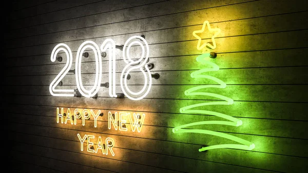 Happy New Year 2018. Neon shapes with lights Christmas tree with a star. — Stock Photo, Image