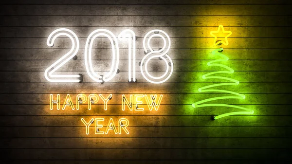 Feliz Ano Novo 2018. Formas de néon com luzes Árvore de Natal com uma estrela . — Fotografia de Stock