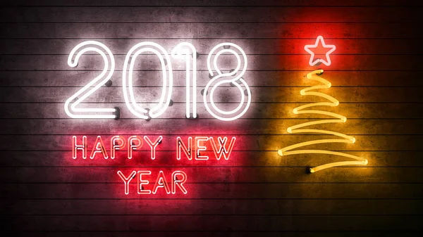 Happy New Year 2018. Neon shapes with lights Christmas tree with a star.