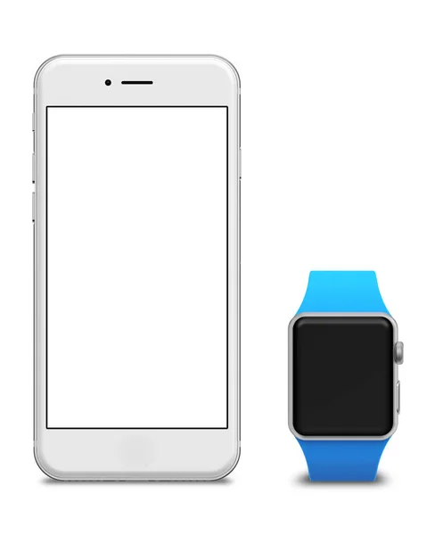 Reloj y smartphones con pantalla en blanco, aislados sobre fondo blanco . — Foto de Stock