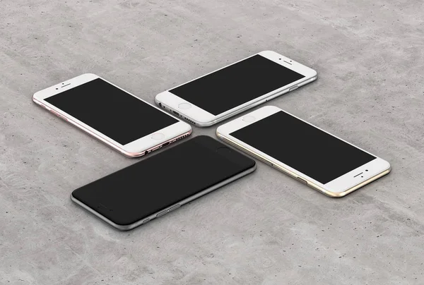 Cuatro teléfonos inteligentes de oro, rosa, plata y negro con pantalla en blanco . —  Fotos de Stock