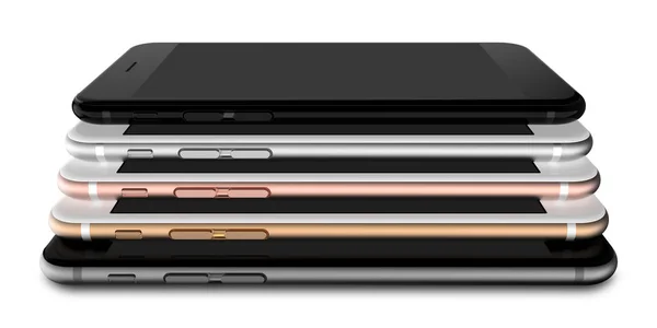 Uppsättning av fem smartphones: guld, rose, silver, svart och svart polerad — Stockfoto