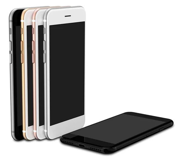 Set de cinco smartphones: oro, rosa, plata, negro y negro pulido — Foto de Stock
