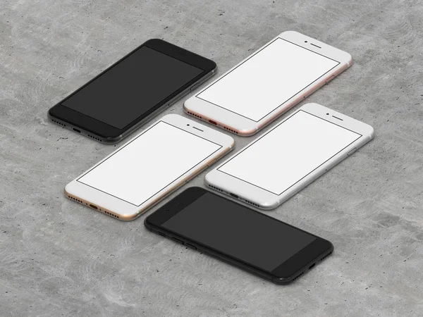 Set mit fünf Smartphones: Gold, Rose, Silber, Schwarz und Schwarz poliert — Stockfoto