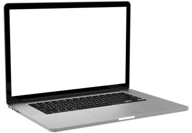 Boş ekranlı laptop beyaz arkaplanda izole edildi.