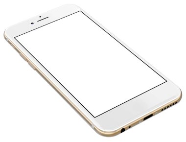 Beyaz arka plan üzerinde izole boş ekran ile altın akıllı telefonlar.