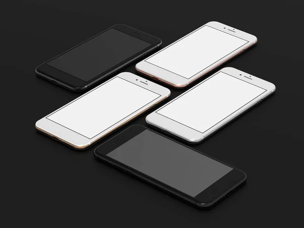 Набір з п'яти смартфонів: золотий, рожевий, срібний, чорний і чорний відполіровані — стокове фото
